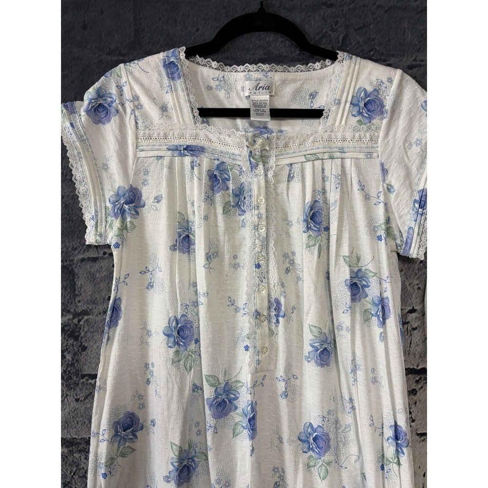 Vintage Aria Petite‎ Nightgown PS White Blue Floral Cotton Lace 90s - Picture 2 of 14